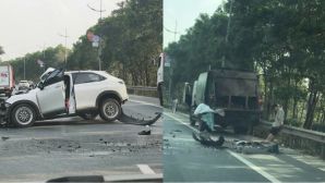 Hà Nội: Hiện trường ô tô con vỡ nát phần đầu, biến dạng sau khi tông mạnh vào đuôi xe rác