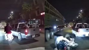 Camera ghi lại khoảnh khắc xe máy chở theo trẻ nhỏ bị xe bán tải ép ngã, suýt bị xe tải cán qua