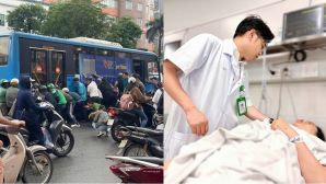 Tình hình người phụ nữ dừng đèn đỏ bị xe bus cuốn vào gầm, hàng chục người phải khiêng xe giải cứu