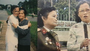 Hai thiếu nữ được chọn kéo cờ trong Lễ tuyên ngôn độc lập 2-9-1945: 1 người về sau là phu nhân Đại tướng Hoàng Văn Thái