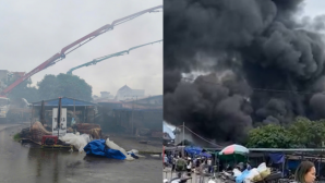Hiện trường vụ cháy hàng quần áo, giày dép tại chợ Kim Sơn: Khói đen bốc lên cao, 100 người dập lửa
