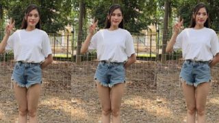 Hoa hậu Đỗ Hà tranh thủ khoe chân dài với quần jeans không thể ngắn hơn khi 'đọ dáng' cùng đà điểu