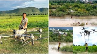 Nghẹt thở clip người đàn ông dùng drone hạng nặng giải cứu 2 bé mắc kẹt giữa dòng nước xiết