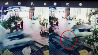 Clip ô tô mất lái lao như tên bắn vào khách sạn, hất văng người lên trời, 3 người thoát chết thần kỳ