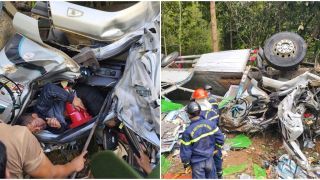 Khoảnh khắc ám ảnh xe tải mất phanh lao như bay rồi lật úp trên đèo Ngọc Vin, 2 vợ chồng tử nạn