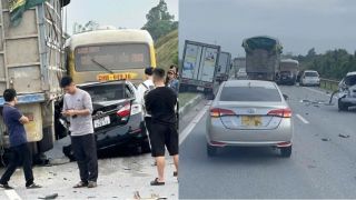 Camera ghi lại khoảnh khắc xe tải tông liên hoàn ở cao tốc Hà Nội – Thái Nguyên, tài xế có hành động đáng ngờ 