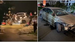 Xôn xao clip hỗn chiến giữa ô tô ‘điên’ và hàng chục người: Ô tô tông trực diện, bị nhiều người ném gạch đá, tấn công