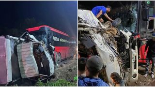 Hiện trường ám ảnh xe tải lật nghiêng, bẹp dúm sau cú tông mạnh với xe khách ở Đắk Lắk