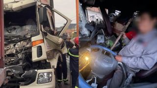 Hiện trường xe tải va chạm mạnh với xe container, hé lộ tình trạng đáng lo của tài xế mắc kẹt trong cabin