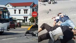 Quảng Trị: Hiện trường xe máy va chạm xe khách, danh tính 3 thiếu niên bị thương nặng nằm bất động 