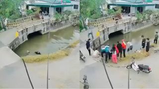 Thấy người đi xe máy lao xuống sông, bé trai có phản ứng nhanh, ai xem xong cũng phải khen ngợi