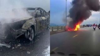 Hiện trường kinh hoàng xe ô tô 5 chỗ bị thiêu rụi trơ khung, cả gia đình tung cửa tháo chạy