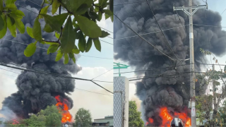 TP.HCM: Cháy lớn nhà xưởng pallet nhựa, khói đen bốc cao hàng chục mét