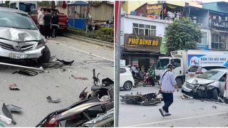 Hiện trường kinh hoàng vụ ô tô con tông liên hoàn 6 phương tiện trên phố Lê Trọng Tấn, nhiều người bị hất văng