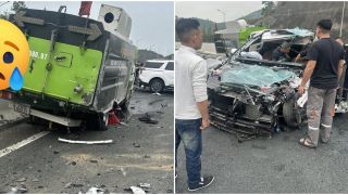 Hiện trường kinh hoàng ô tô 7 chỗ tông đuôi xe hút bụi trên cao tốc Hải Phòng - Móng Cái, tài xế mắc kẹt trong cabin