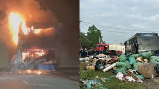 Hiện trường xe khách bất ngờ bốc cháy dữ dội ở Quảng Trị, tình hình 9 hành khách trên xe? 