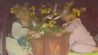 Gia đình cho 2 bé nhỏ ôm chậu mai sau cốp xe mở toang, người lớn vẫn vô tư cho xe chạy băng băng