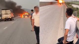 Tài xế xe tải quỳ gối, chảy nước mắt nhìn hàng chục chiếc xe máy chở ra Hà Nội bị thiêu rụi