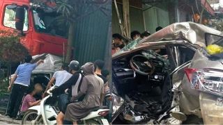 Ninh Bình: Khoảnh khắc xe bồn ‘ủi bay’ ô tô con rồi lao lên vỉa hè, 1 người ngồi bên đường thiệt mạng
