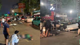 Hiện trường vụ tai nạn ở Cầu Giấy, Hà Nội: Xe ô tô lật ngửa nằm lăn lóc giữa đường, xe máy tan tành