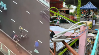 Khoảnh khắc gió giật mạnh ở Đà Nẵng: Nhà phao bay lên cao, trụ đèn đổ ngã, người đi đường chao đảo