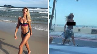 Thản nhiên để ngực trần dắt chó đi dạo, người mẫu bikini bị bắt vì khỏa thân ở nơi công cộng