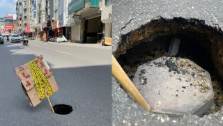 Hà Nội: Hố sụt sâu hơn 1m bất ngờ ‘há miệng’ giữa phố Hà Nội, suýt nuốt trọn xe máy