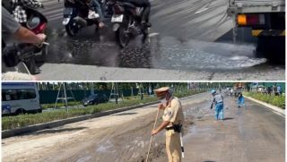 Xe tải chở dầu bất ngờ bị vỡ téc chứa giữa đường Lê Quang Đạo, Hà Nội: Giao thông ùn tắc, nguy hiểm