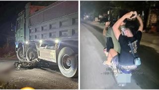 Hiện trường xe máy ‘kẹp 3’ đi với tốc độ ‘bàn thờ’ lao vào ô tô tải, 3 thanh niên thương vong