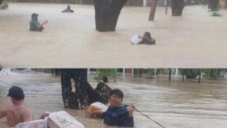 Xúc động cảnh thầy cô bơi lội giữa dòng nước lũ, tiếp tế lương thực cho gần 500 học sinh