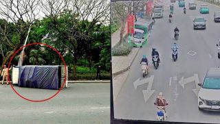 Camera AI Hà Nội ghi hình khoảnh khắc xe tải lật trên phố, làm rõ nguyên nhân tai nạn 