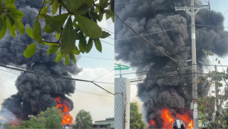 TP.HCM: Cháy lớn nhà xưởng pallet nhựa, khói đen bốc cao hàng chục mét