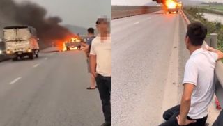 Tài xế xe tải quỳ gối, chảy nước mắt nhìn hàng chục chiếc xe máy chở ra Hà Nội bị thiêu rụi