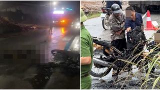 Clip ô tô va chạm xe máy, cả 2 xe cháy rực lửa, người điều khiển xe máy cháy đen
