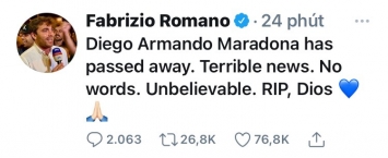 NÓNG: Huyền thoại bóng đá Diego Maradona qua đời ở tuổi 60.