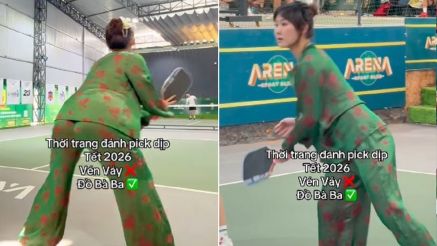Từ bỏ phong cách 'vén váy', nàng Kim lại đốt cháy sân pickleball với áo bà ba