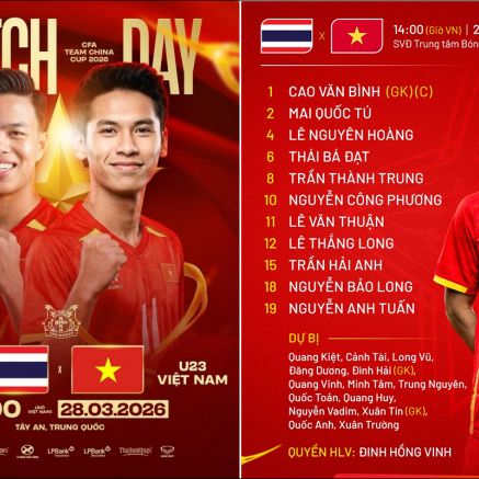 Cập nhật tỉ số U23 Việt Nam 0 - 1 U23 Thái Lan - Trực tiếp CFA Team China 2026 ngày 28/3