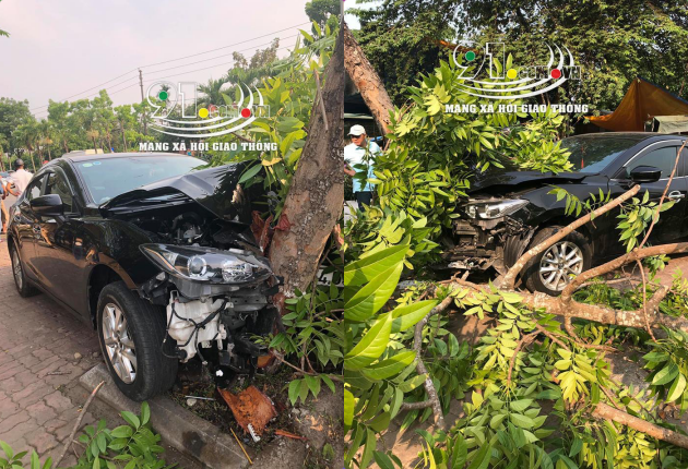 Thừa Thiên Huế: Mazda2 tông 3 xe máy đang dừng mua nước mía rồi đâm gãy đôi cây xanh trên vỉa hè Thừa Thiên Huế: Mazda2 tông 3 xe máy đang dừng mua nước mía rồi đâm gãy đôi cây xanh trên vỉa hè