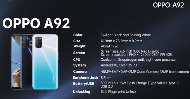 OPPO A92 ra mắt: Pin 5,000 mAh, Snapdragon 665, màn hình đục lỗ, giá 6.5 triệu đồng