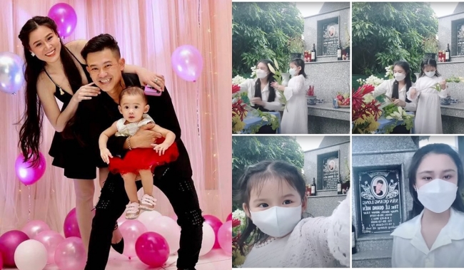 Vợ hai đến thăm mộ Vân Quang Long vào ngày giỗ đầu, hành động của con gái nhỏ gây xúc động 