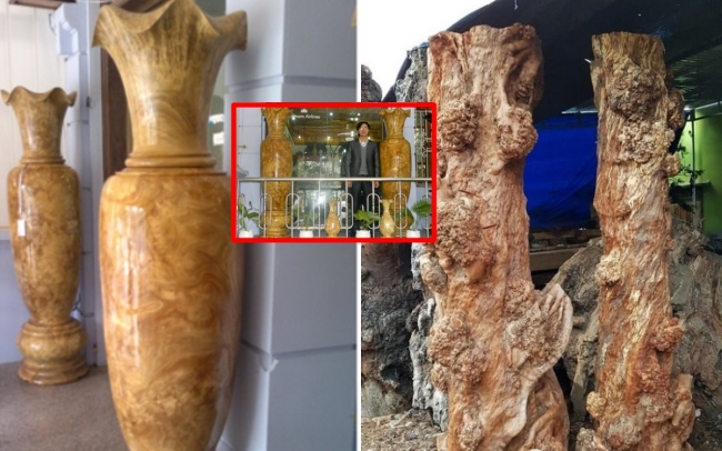 Cặp lục bình gỗ nu lập kỷ lục cao nhất Việt Nam: Tốn 3 năm gia công, làm từ gỗ quý như kim cương