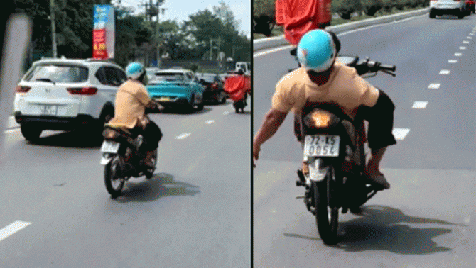 Nhiều người khiếp vía trước cảnh người đàn ông mất tay phải nằm ngửa trên xe và lạng lách trên đường