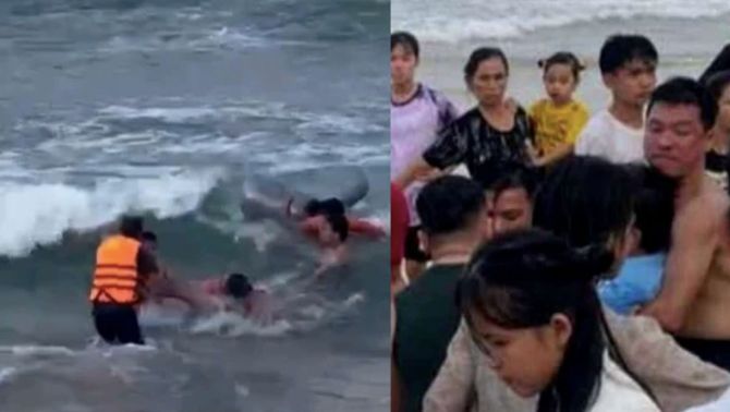 Hàng trăm người nín thở chứng kiến cuộc giải cứu bé trai bị sóng cuốn, hé lộ danh tính người dũng cảm