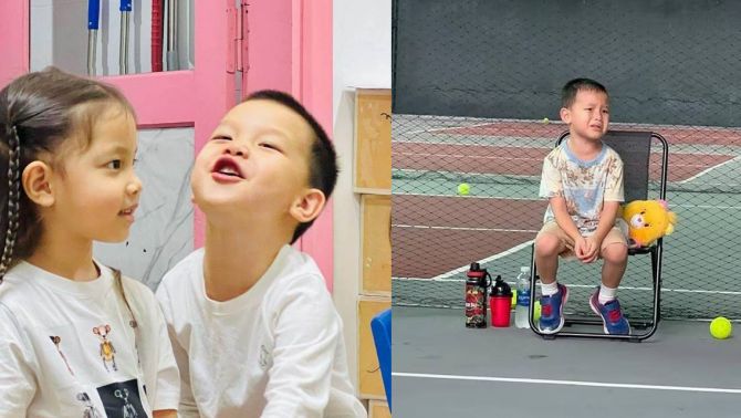 Biểu cảm siêu 'cưng' của cặp song sinh nhà Hồ Ngọc Hà khi 'bị bắt' ra sân chơi Pickleball