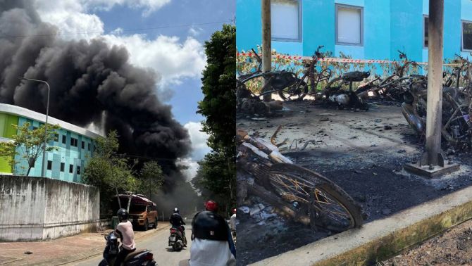 Cháy lớn tại trường học ở Quảng Ngãi, nhà xe bị thiêu rụi, hiện trường gây ám ảnh