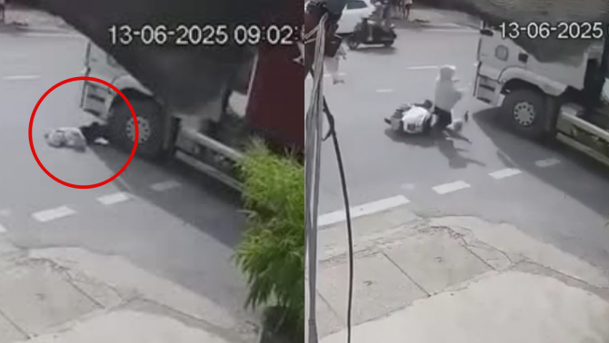 Rụng rời tay chân vì clip cô gái phóng xe như bay qua điểm giao cắt, cắm thẳng vào đầu xe container