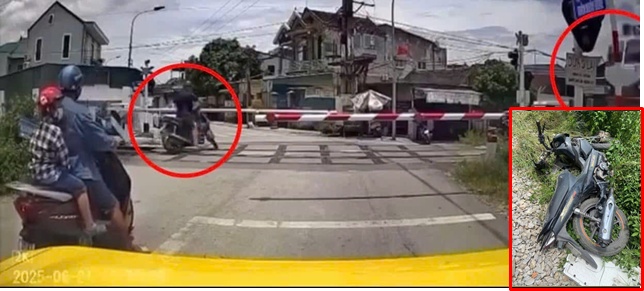 Clip ghi lại cú tông trực diện của tàu hỏa với người đàn ông cố vượt qua rào chắn ở Nghệ An, hiện trường ám ảnh