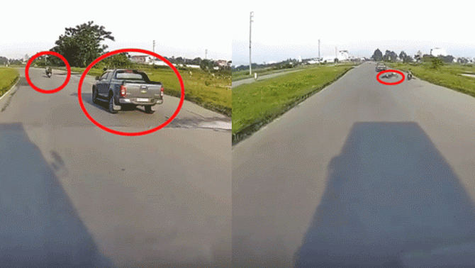 Ô tô bán tải cố tình tạt sang phải, đẩy người đi xe máy ngã lăn nhiều vòng rồi tăng ga bỏ chạy