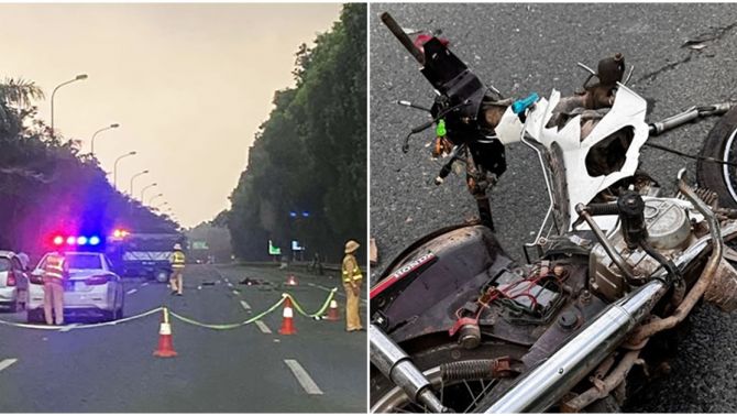 Xe máy tông mạnh xe tải trên Đại lộ Thăng Long, 1 người đàn ông tử vong, xe máy biến dạng hoàn toàn