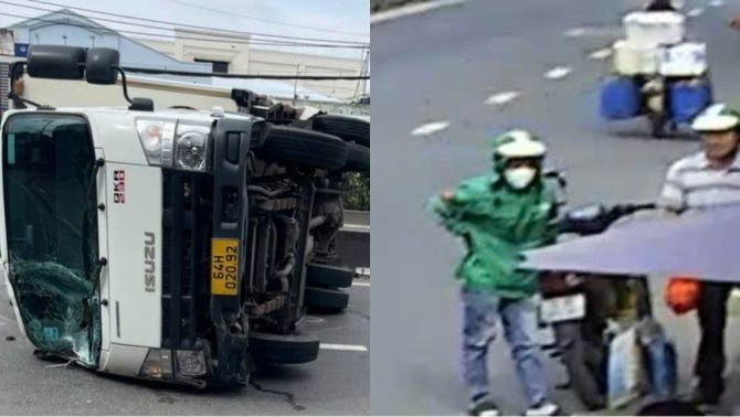 Clip xe tải đâm vào dải phân cách rồi lật ngang, xe máy thoát chết thần kỳ chỉ với 1 cú đánh lái